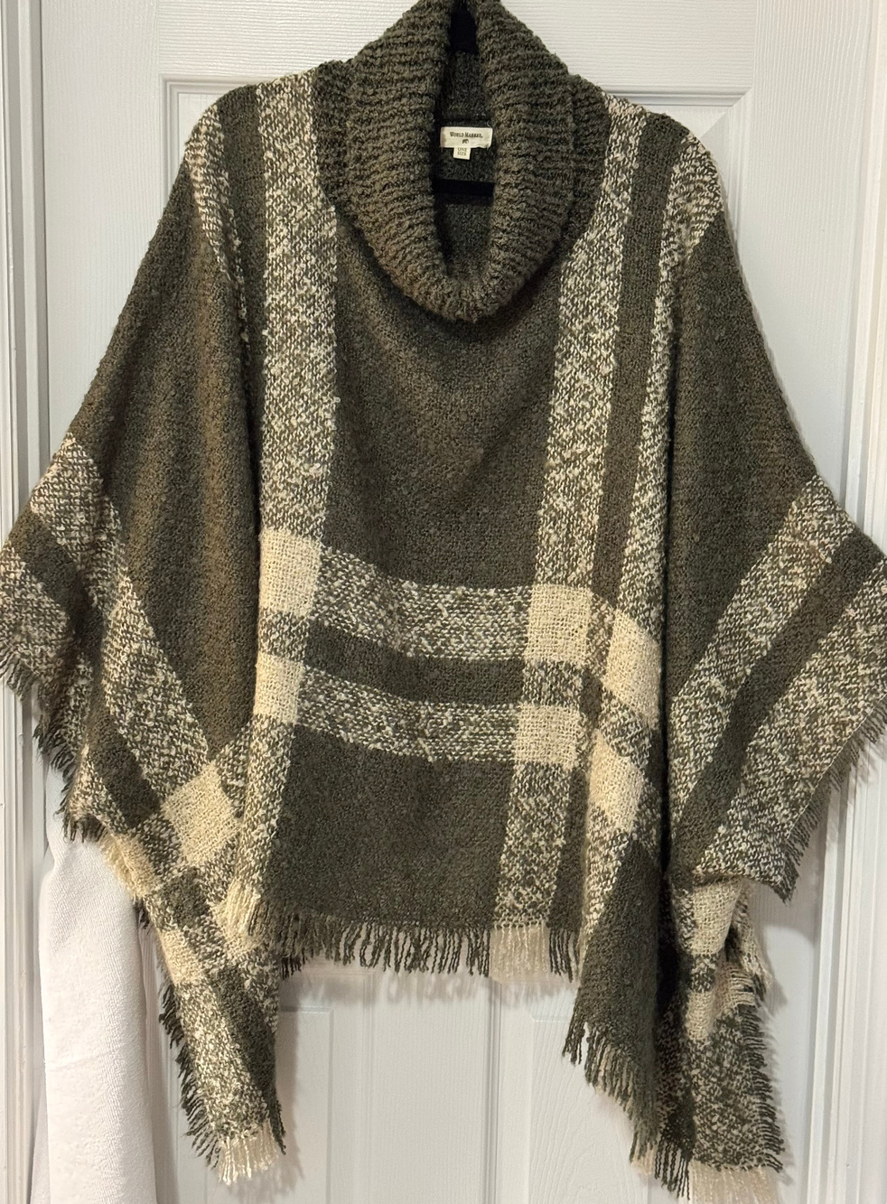 World Market Plaid Poncho Sweater Cowl Neck Fringe One Size